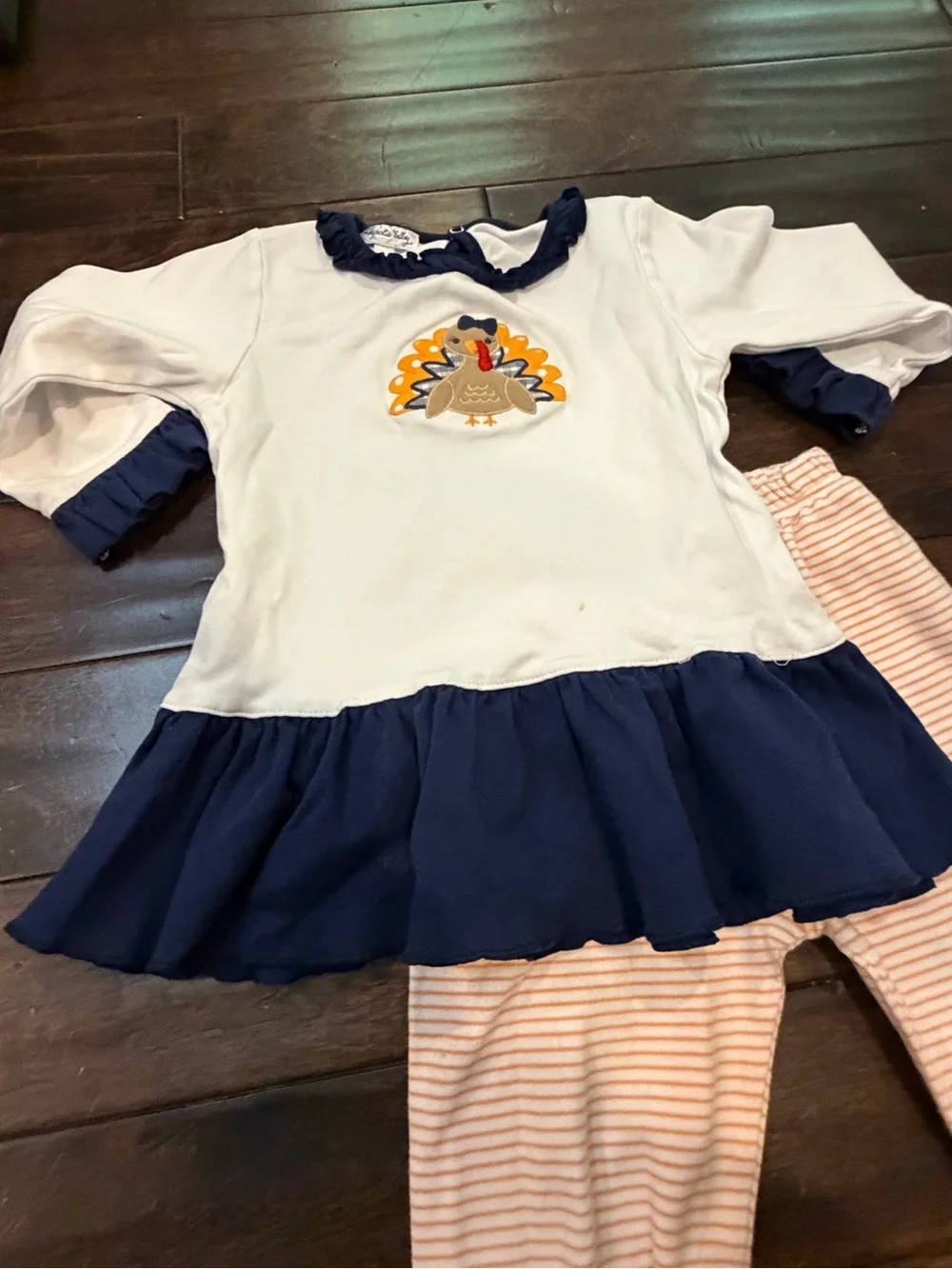 Girls White & Navy Turkey Applique Matching Set